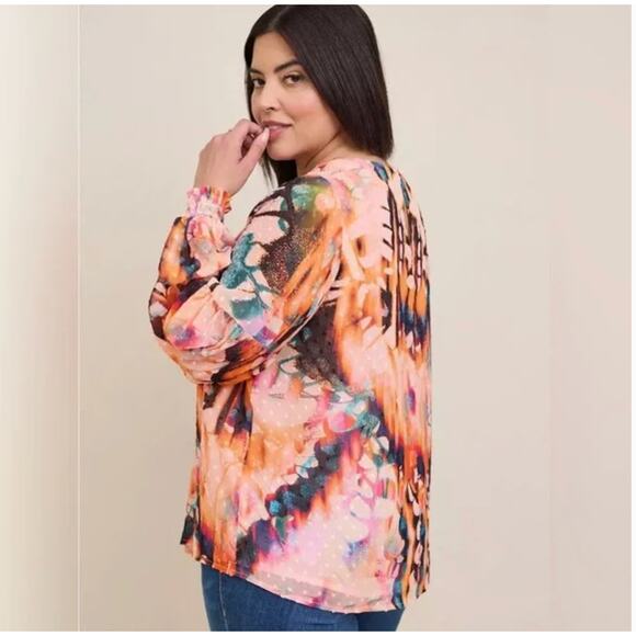 Torrid Colorful Chiffon Clip Dot Blouson Long Sleeve Blouse Size 4 - Picture 2 of 11